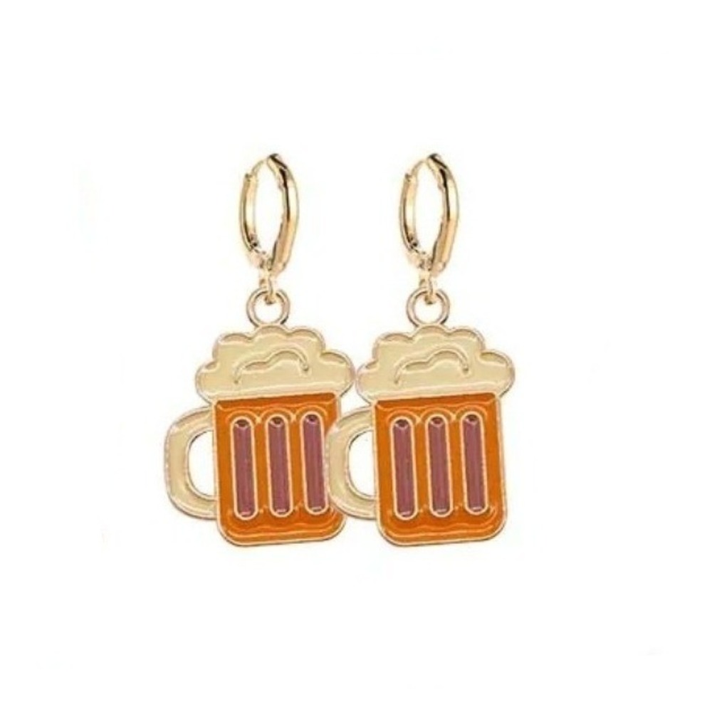 Gold Beer Mug Enamel Huggie Hoop Dangle Earrings Novelty Drink Jewelry